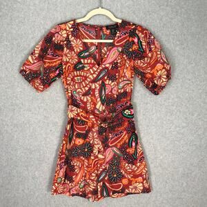 Rachel Zoe Romper Womens XS Red Paisley Belt Puff Tropical Boho Resort Coastal‎